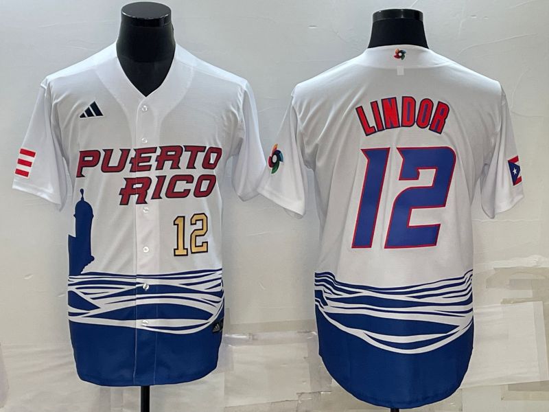 Men 2023 World Cub #12 Lindor White MLB Jersey3->more jerseys->MLB Jersey